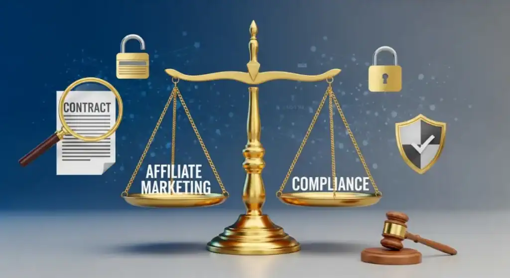 Affiliate marketing compliance on balance scale. Contract, security, and legal concept.